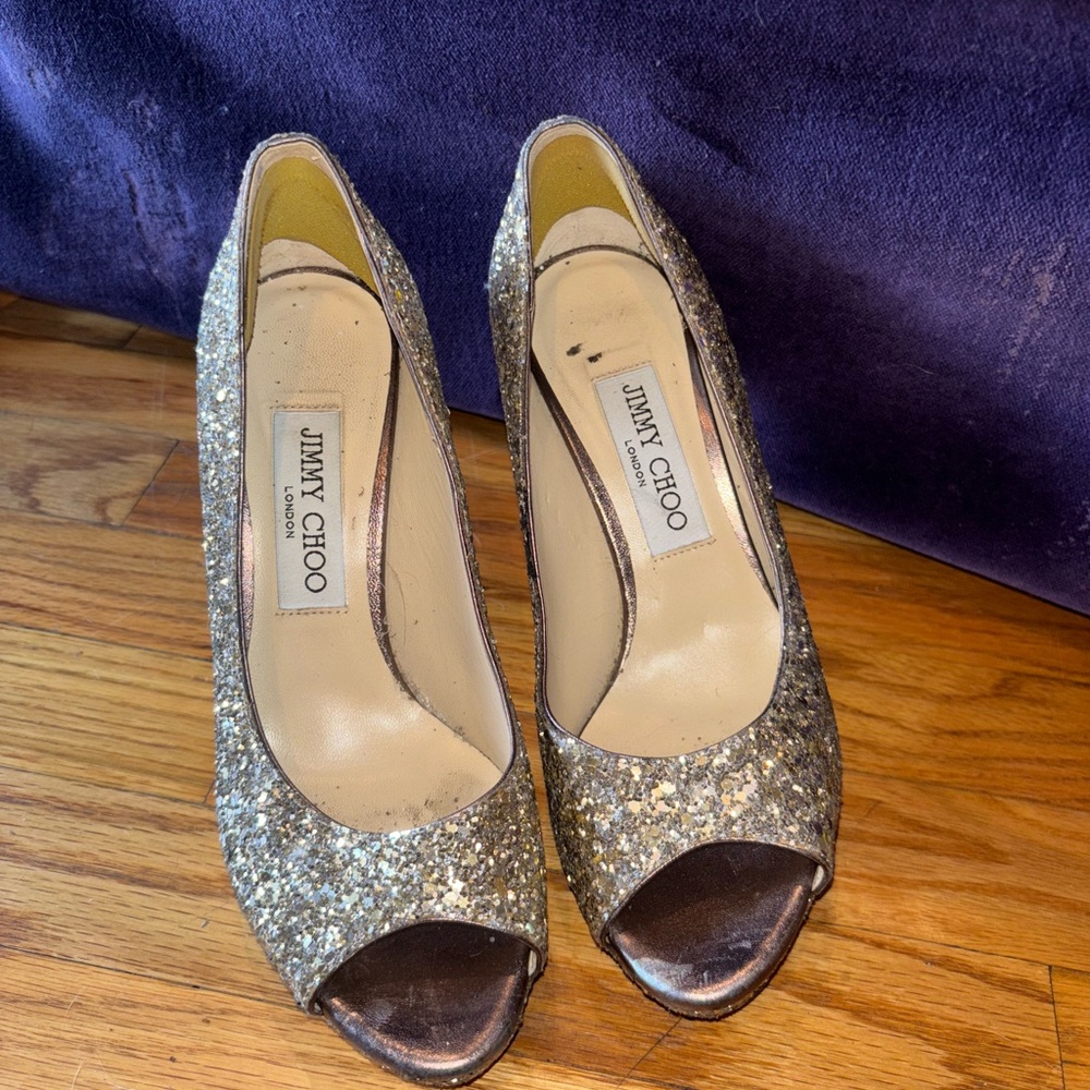 Jimmy Choo Gold Sparkle Heels for Glamorous Occasions